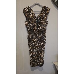 Ashro Womens Size 14 Leopard Print Ruched Bodycon Dress V-Neck